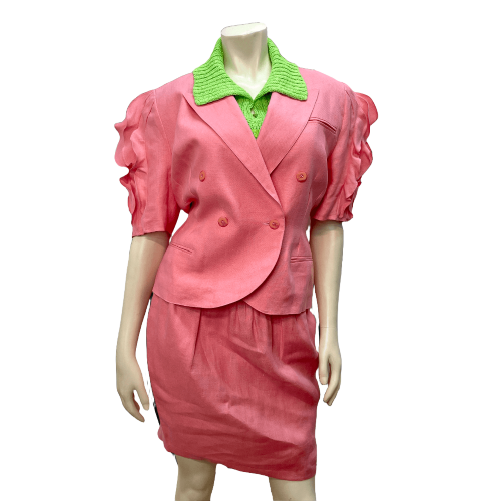 80s Lolita Lempicka Vintage Designer Bubblegum Pink Linen Suit Made in France Si